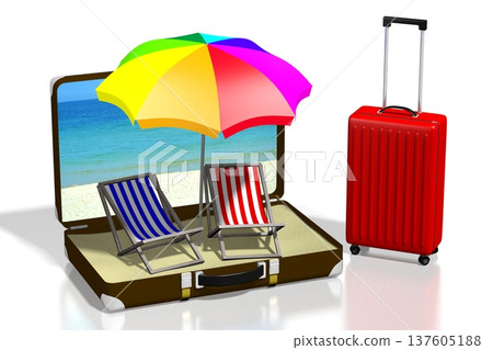 Sunbeds, umbrella and luggages holiday concept - 3D illustration 137605188