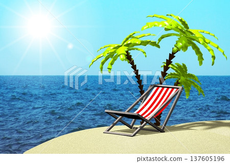 Sunbed and palm tree on desert island, ocean on second plan - 3D illustration Sunbed and palm tree on desert island, ocean on second plan - 3D illustration 137605196