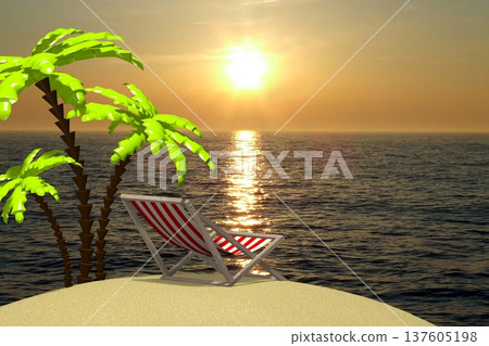 Sunbed and palm tree on desert island, ocean on second plan - 3D illustration Sunbed and palm tree on desert island, ocean on second plan - 3D illustration 137605198