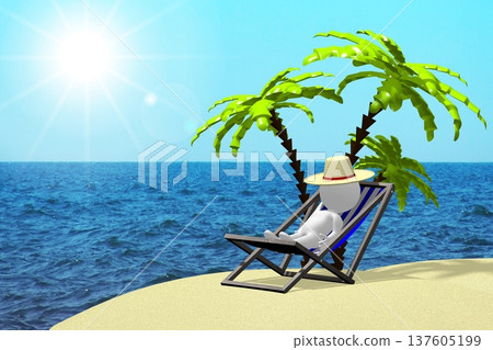 Cartoon character laying on sunbet under palm tree on desert island - 3D illustration Cartoon character laying on sunbet under palm tree on desert island - 3D illustration 137605199