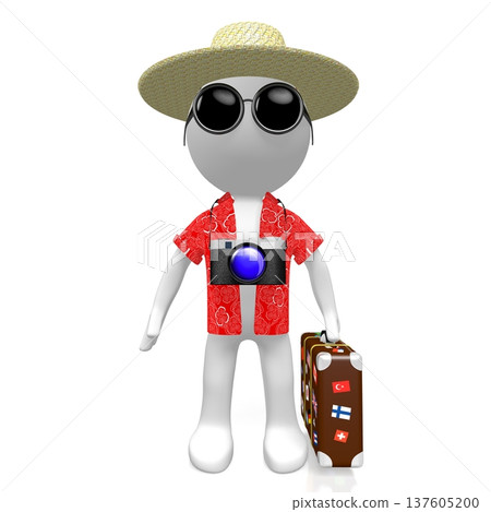 Cartoon character tourist with suitcase and camera - sightseeing concept - 3D illustration Cartoon character tourist with suitcase and camera - sightseeing concept - 3D illustration 137605200
