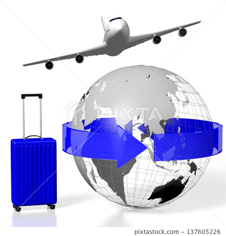 Earth with arrows, jet plane and suitcase - travel concept - 3D illustration Earth with arrows, jet plane and suitcase - travel concept - 3D illustration 137605226