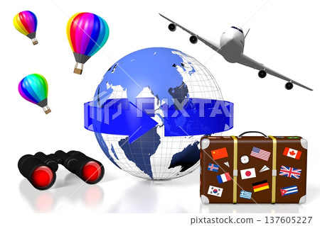 Plane, balloons, Earth, suitcase and binoculars - travel concept - 3D illustration Plane, balloons, Earth, suitcase and binoculars - travel concept - 3D illustration 137605227