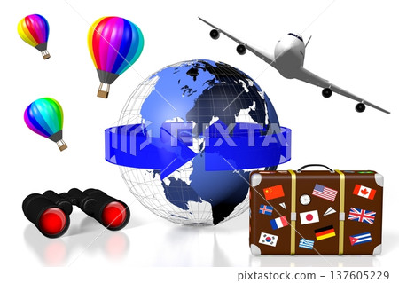 Plane, balloons, Earth, suitcase and binoculars - travel concept - 3D illustration Plane, balloons, Earth, suitcase and binoculars - travel concept - 3D illustration 137605229