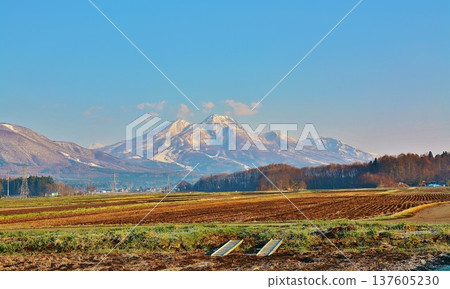 從長野縣中野市郊外可以看到妙高山,山頂仍殘留積雪。 從長野縣中野市郊外可以看到妙高山,山頂仍殘留積雪。 137605230
