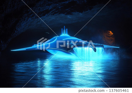 Glowing stingray-shaped submarine purifying the ocean floor while exploring deep marine environments 137605461