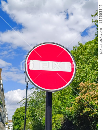 Traffic no entry sign displayed on a city street Traffic no entry sign displayed on a city street 137605545