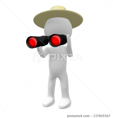 Cartoon character with straw hat holding binoculars - 3D illustration Cartoon character with straw hat holding binoculars - 3D illustration 137605567