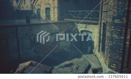 An urban alleyway reveals weathered brick buildings, a hidden door, and scattered debris illuminated by soft light. The scene offers a glimpse into decay and mystery in a city setting. An urban alleyway reveals weathered brick buildings, a hidden door, and scattered debris illuminated by soft light. The scene offers a glimpse into decay and mystery in a city setting. 137605611