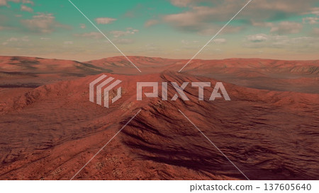 A vast desert scene unfolds with rolling red and brown hills under a serene blue sky. Soft clouds drift lazily, adding to the picturesque atmosphere of this arid environment. A vast desert scene unfolds with rolling red and brown hills under a serene blue sky. Soft clouds drift lazily, adding to the picturesque atmosphere of this arid environment. 137605640