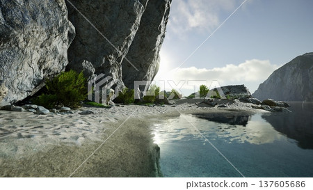 Bright sunlight illuminates a tranquil shoreline featuring smooth stones and vibrant greenery. The calm waters reflect the rugged cliffs, creating a peaceful landscape perfect for exploration. Bright sunlight illuminates a tranquil shoreline featuring smooth stones and vibrant greenery. The calm waters reflect the rugged cliffs, creating a peaceful landscape perfect for exploration. 137605686