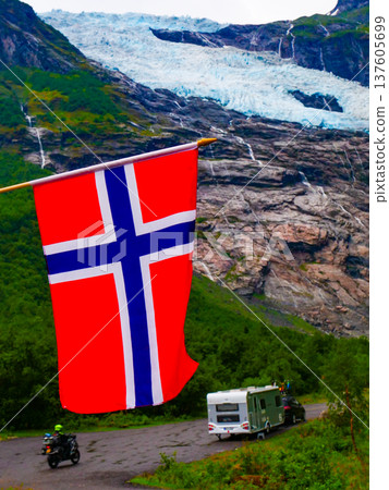 Boyabreen Glacier and norwegian flag 137605699