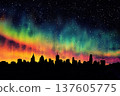 City skyline merging with vibrant watercolor hues under a starlit sky 137605775