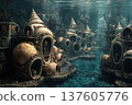 Underwater city of shell shaped homes illuminated by ethereal light 137605776