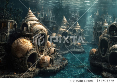 Underwater city of shell shaped homes illuminated by ethereal light Underwater city of shell shaped homes illuminated by ethereal light 137605776