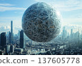 Giant geometric sphere floats above a sprawling urban landscape at dawn 137605778