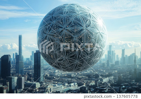Giant geometric sphere floats above a sprawling urban landscape at dawn Giant geometric sphere floats above a sprawling urban landscape at dawn 137605778