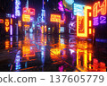 Vibrant neon glow illuminating a cyberpunk city street at night 137605779
