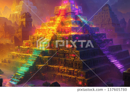 Mystical temple of glowing cubes and pyramids under a starry sky 137605780