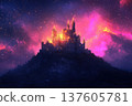 Mystical castle glows under a vibrant sunset sky with golden and pink hues 137605781
