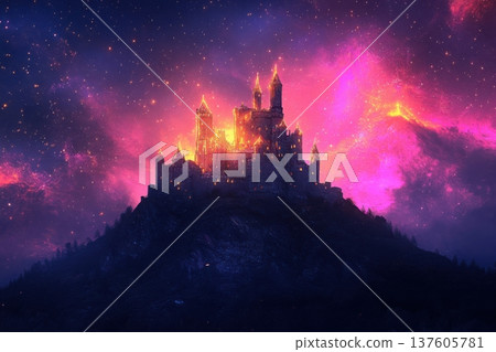 Mystical castle glows under a vibrant sunset sky with golden and pink hues 137605781