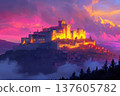 Mystical castle glows under a vibrant sunset sky with golden and pink hues 137605782