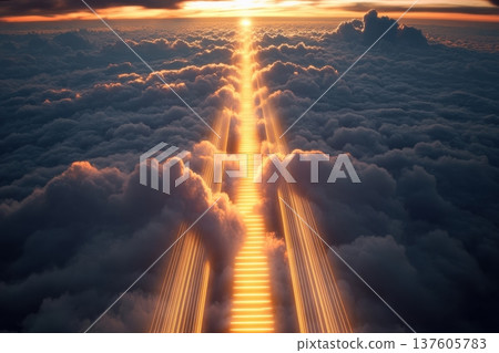 Stairway of light beams ascending into a dreamy cloudscape at dusk 137605783