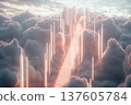 Stairway of light beams ascending into a dreamy cloudscape at dusk 137605784