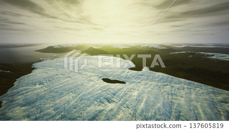 Aerial glacier melting under golden sunrise, drone survey capturing crevasse detail, vast ice sheet, scattered floes, cold ocean horizon, warm light contrast 137605819