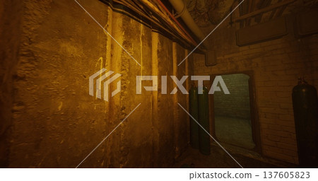 rusted underground corridor with gas cylinders, amber light casting textured shadows, overhead pipes and oxidized walls, scattered debris on floor, atmosphere 137605823