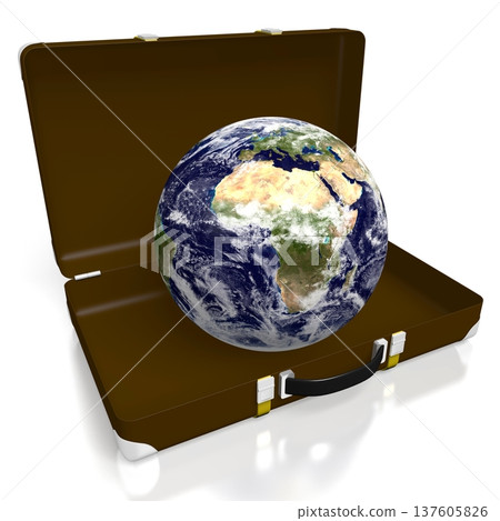 Open travel suitcase with Earth inside - 3D illustration 137605826