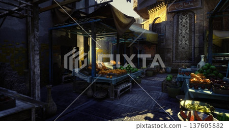 early morning vegetable stall with crates and green produce, vendors preparing displays, soft golden light filtering through awnings, textured walls 137605882