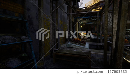 quiet market pathway at sunrise with empty stalls and long shadows, soft cool light filtering through overhead awnings, sense of pause and slow morning routine 137605883