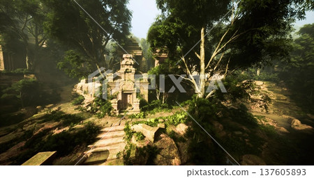 treeguarded stone shrine with carved facade and exposed roots embracing masonry, quiet sacred vibe and intricate reliefs hinting at ritual past 137605893
