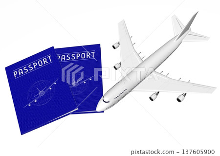 Travel passports and jet plane isolated on white background - 3D illustration Travel passports and jet plane isolated on white background - 3D illustration 137605900