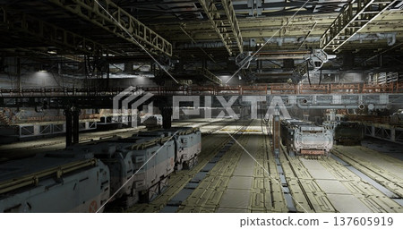 Automated warehouse dock with robotics and conveyors, autonomous forklifts charging and inventory shelves monitored by ai vision, telemetry screens and safety Automated warehouse dock with robotics and conveyors, autonomous forklifts charging and inventory shelves monitored by ai vision, telemetry screens and safety 137605919