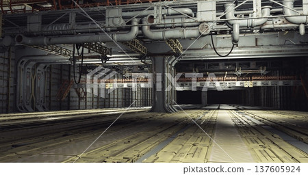 mechanical corridor with intricate pipes and valves, textured bulkheads and mounting brackets, visible gauges and cable trays, muted light highlights grease mechanical corridor with intricate pipes and valves, textured bulkheads and mounting brackets, visible gauges and cable trays, muted light highlights grease 137605924
