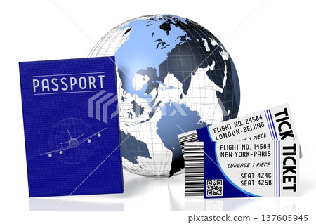 Earth, plane tickets and passports on white background - 3D illustration 137605945