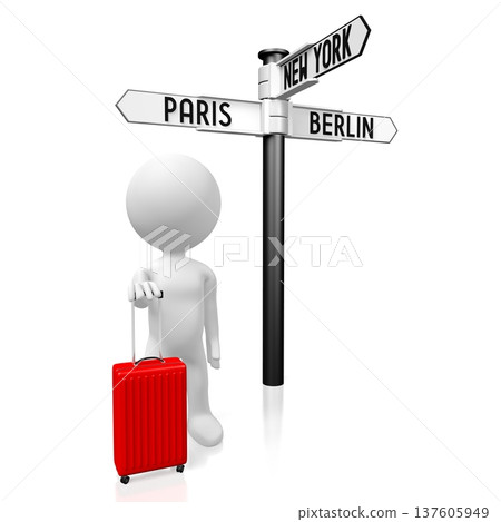 Tourist and signpost - 3D illustration Tourist and signpost - 3D illustration 137605949