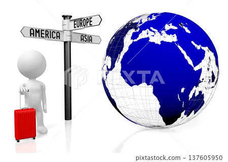 Cartoon character tourist with suitcase, Earth and signpost - travel concept - 3D illustration 137605950