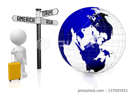 Cartoon character tourist with suitcase, Earth and signpost - travel concept - 3D illustration 137605951