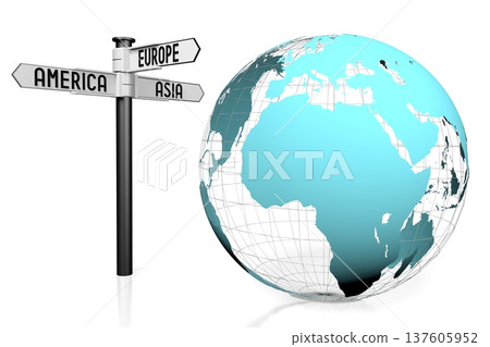 Earth - Europe and Africa side and directional signpost - travel concept - 3D illustration Earth - Europe and Africa side and directional signpost - travel concept - 3D illustration 137605952