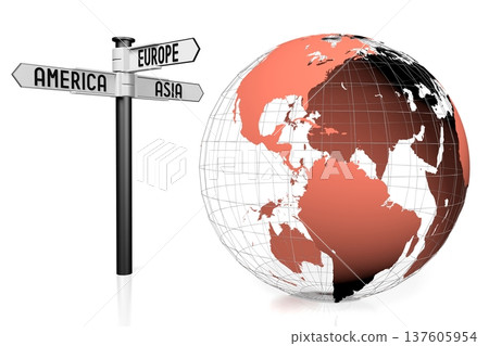 Earth - North and South America side and directional signpost - travel concept - 3D illustration 137605954