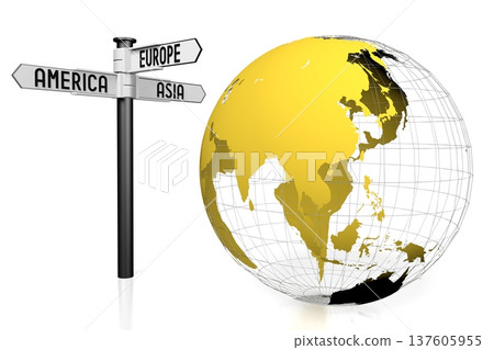 Earth - Asia and Australia side and directional signpost - travel concept - 3D illustration Earth - Asia and Australia side and directional signpost - travel concept - 3D illustration 137605955