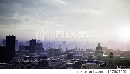 sunlit hazy urban skyline with dome creating quiet dawn mood and soft haze over rooftops, distant towers, and cathedral cupola ideal for city planning, sunlit hazy urban skyline with dome creating quiet dawn mood and soft haze over rooftops, distant towers, and cathedral cupola ideal for city planning, 137605962