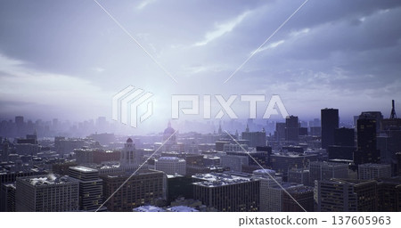 Morning glow illuminates skyline, Sunrise bathes cityscape in gentle light and haze, Early morning light highlights towering buildings beneath soft mist Morning glow illuminates skyline, Sunrise bathes cityscape in gentle light and haze, Early morning light highlights towering buildings beneath soft mist 137605963