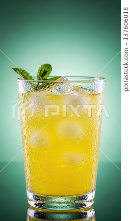 Cold glass of fresh yellow lemonade with ice cubes and mint sprig covered in water droplets 137606018