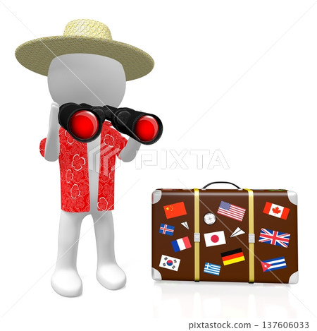 Cartoon character tourist holding binoculars and travel suitcase with many flags - 3D illustration 137606033