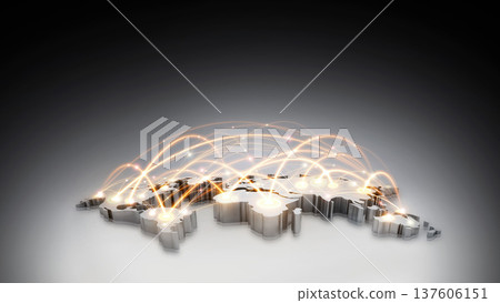 A world map and a complexly intertwined information and communication network, a concept of a future industrial global network. A world map and a complexly intertwined information and communication network, a concept of a future industrial global network. 137606151