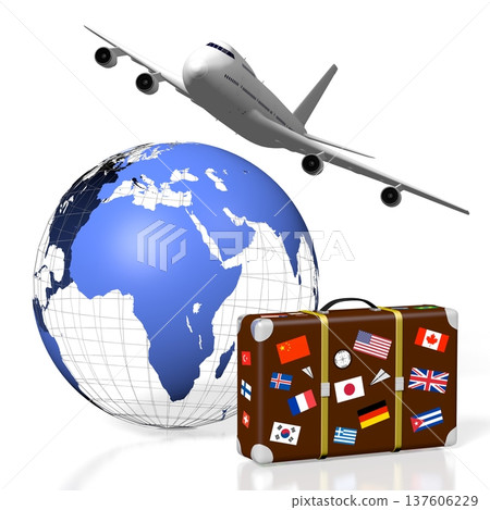 Geometrical Earth, flying plane and suitcase with stickers - travel concept - 3D illustration Geometrical Earth, flying plane and suitcase with stickers - travel concept - 3D illustration 137606229